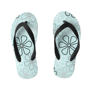 Abstract Big Flower Outlines BWG+Duck Egg Blue Kid's Thongs