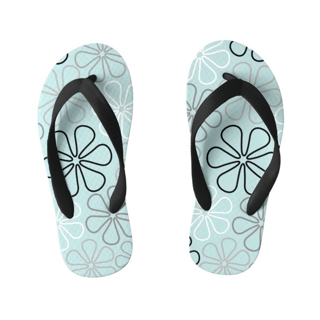 Abstract Big Flower Outlines BWG+Duck Egg Blue Kid's Thongs (Footbed)