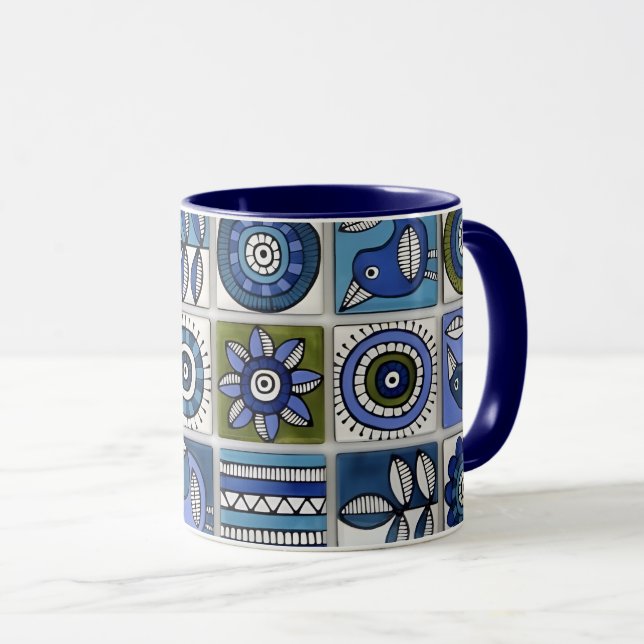 Abstract Bird and Flower Ceramic Tiles Mug (Front Right)