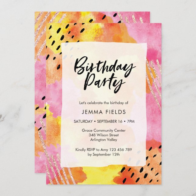 Abstract Birthday Invitation | pink and orange (Front/Back)