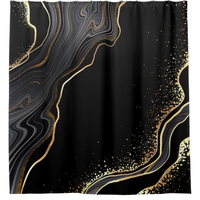 abstract black agate background with golden veins, shower curtain (Front)