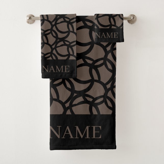 Abstract Black and Brown Pattern Custom Name Bath Towel Set (Insitu)
