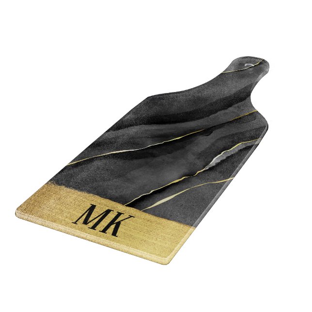 Abstract Black and Gold Agate Marble Swirl Cutting Board (Corner)