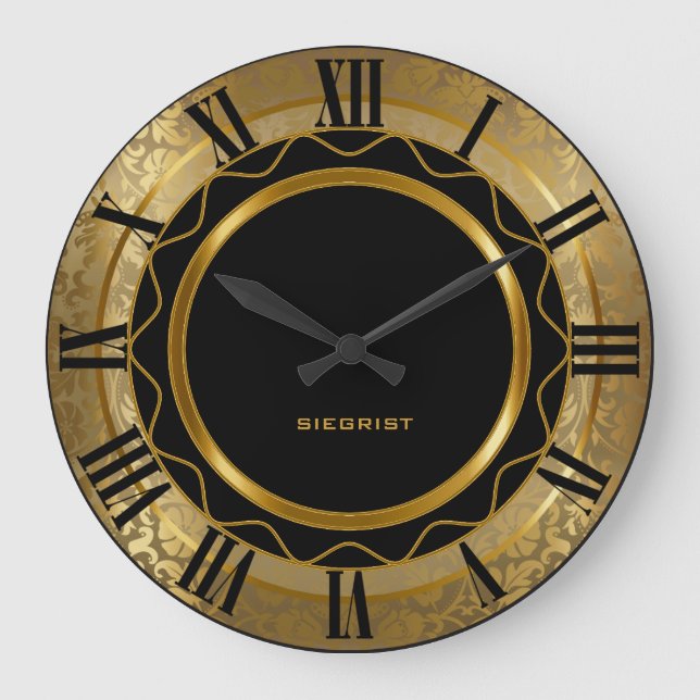 Abstract Black and Gold Damask Large Clock (Front)