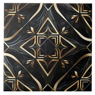 Abstract Black and Gold - Modern Geometric Art Ceramic Tile