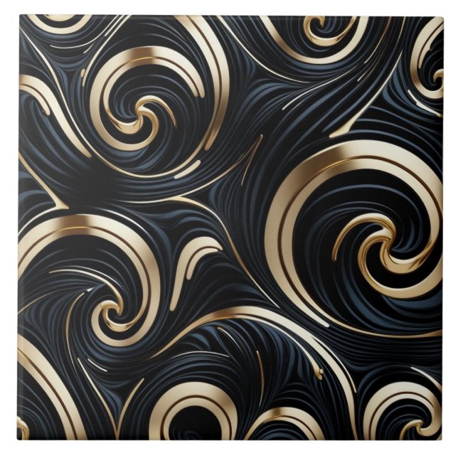 Abstract Black and Gold - Organic Curves Ceramic Tile (Front)