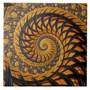 Abstract Black and Gold Spiral Fractal Ceramic Tile