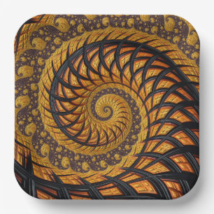 Abstract Black and Gold Spiral Fractal Paper Plate