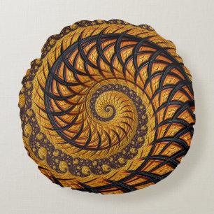 Abstract Black and Gold Spiral Fractal Round Cushion