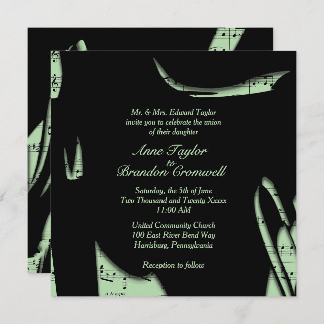 Abstract Black and Green Music Wedding Invitation (Front/Back)