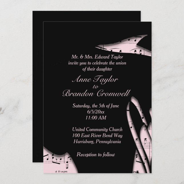 Abstract Black and Pink Music Wedding Invitation (Front/Back)