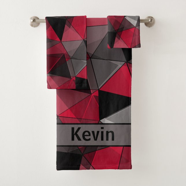 Abstract, black and red, triangle, geometric, blac bath towel set (Insitu)