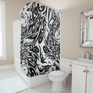 Abstract Black and Silver Tribal Wolf Shower Curtain