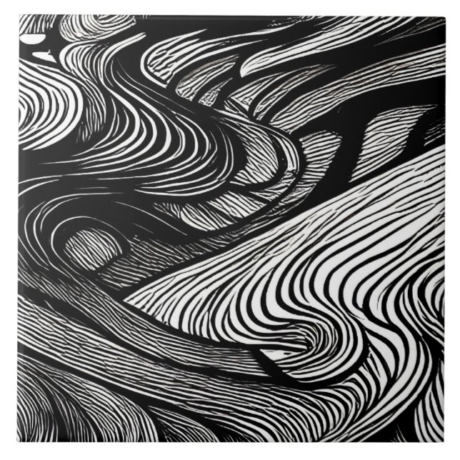ABSTRACT BLACK AND WHITE   CERAMIC TILE (Front)