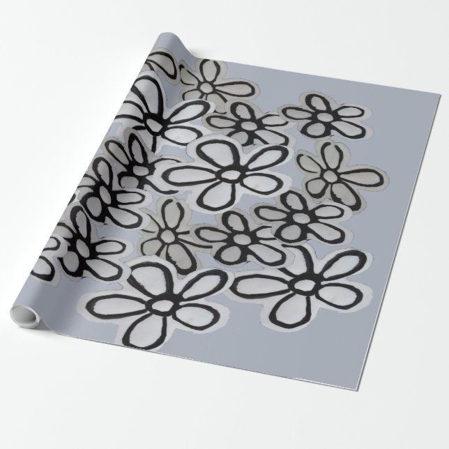 Abstract Black And White Daisies pattern Wrapping Paper (Unrolled)