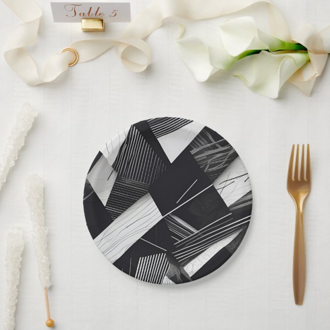 Abstract Black and White Dark Geometric Pattern Paper Plate (Wedding)