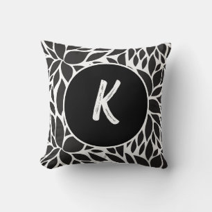 Abstract Black and White Floral Monogram Cushion