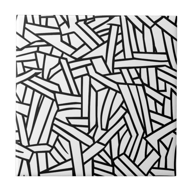 Abstract Black and White Geometric Line Pattern Ceramic Tile (Front)