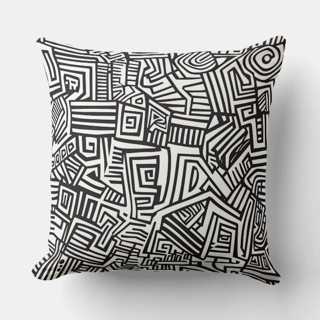 Abstract Black and White Geometric Line Pattern Cushion (Front)