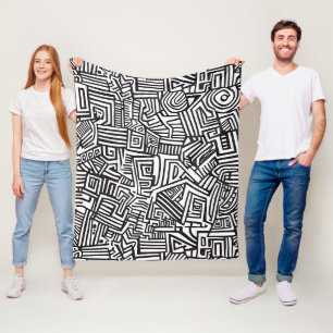 Abstract Black and White Geometric Line Pattern Fleece Blanket