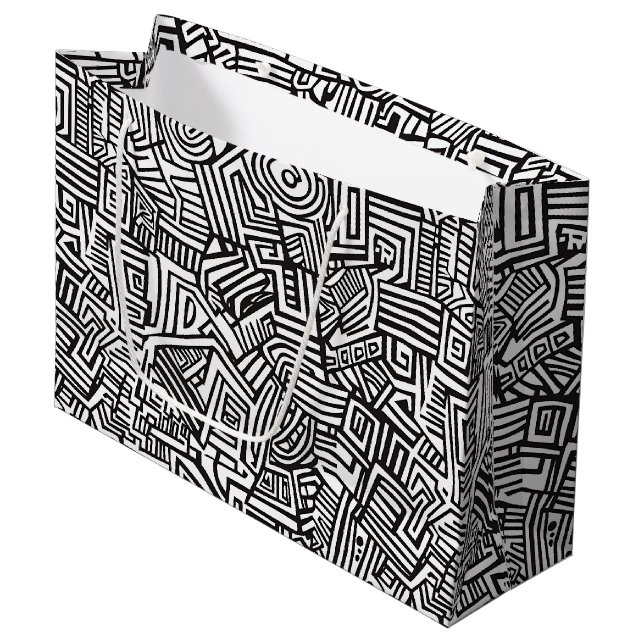 Abstract Black and White Geometric Line Pattern Large Gift Bag (Front Angled)
