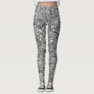Abstract Black and White Geometric Line Pattern Leggings