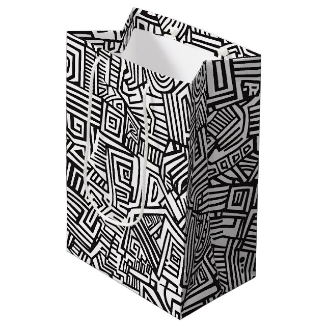 Abstract Black and White Geometric Line Pattern Medium Gift Bag (Front Angled)