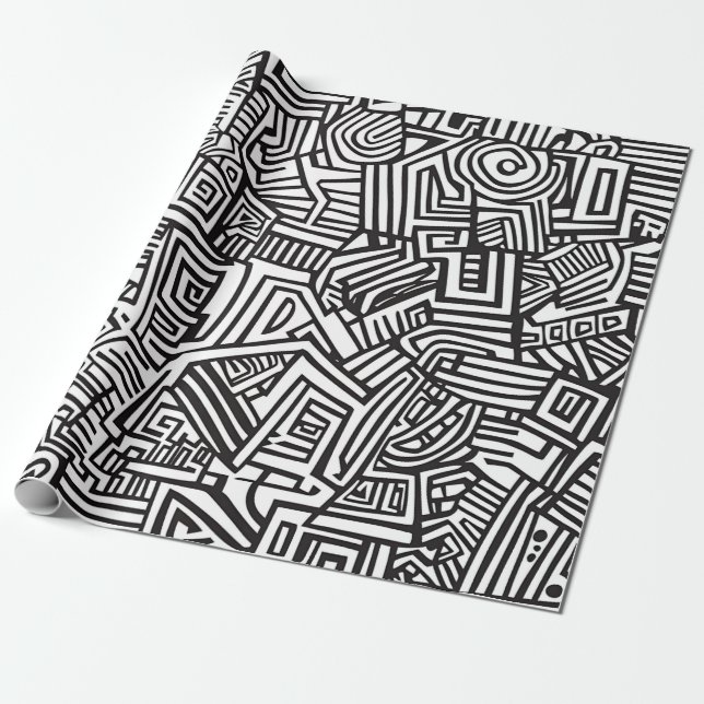 Abstract Black and White Geometric Line Pattern Wrapping Paper (Unrolled)