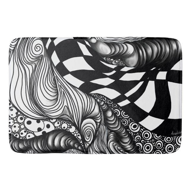 Abstract black and white line tangle bath mat (Front)