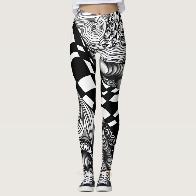 Abstract black and white line tangle leggings (Front)