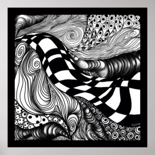 Abstract black and white line tangle poster