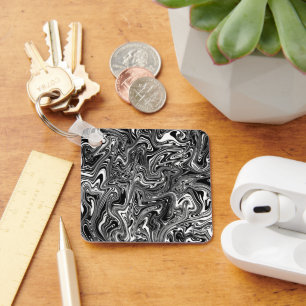 Abstract Black and White Liquid Marble Key Ring