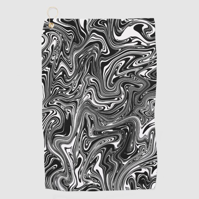 Abstract Black and White Liquid Marble Pattern Golf Towel (Front)