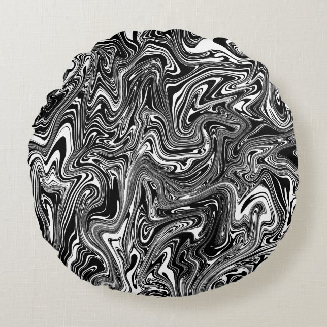 Abstract Black and White Liquid Marble Round Cushion (Front)