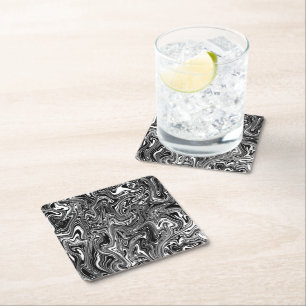 Abstract Black and White Liquid Marble Square Paper Coaster