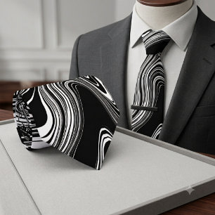 Abstract Black and White Liquid Marble Tie