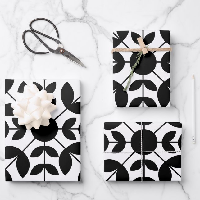 Abstract Black and White Mandala Floral Pattern Wrapping Paper Sheet (Front)