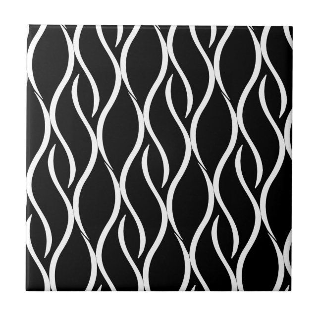 Abstract black and white modern wave stripes tile (Front)