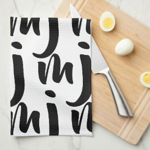 Abstract Black and White Monogram Pattern Tea Towel