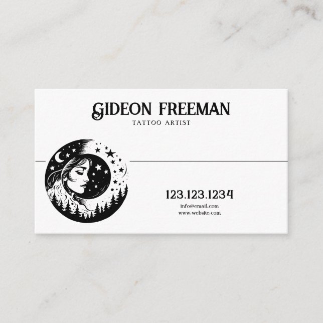 Abstract Black and White Moon Stars Tattoo Artist Business Card (Front)