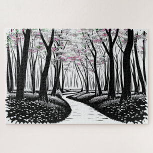 Abstract Black and White Silhouette Forest Path Jigsaw Puzzle
