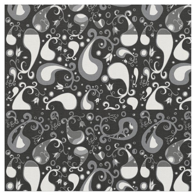 Abstract black and white Tulip Paisley Floral Fabric (Close Up)