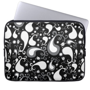 Abstract black and white Tulip Paisley Floral Laptop Sleeve