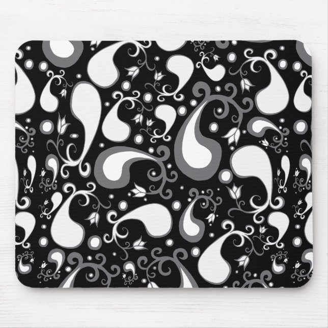 Abstract black and white Tulip Paisley Floral Mouse Pad (Front)