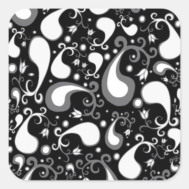 Abstract black and white Tulip Paisley Floral Square Sticker (Front)