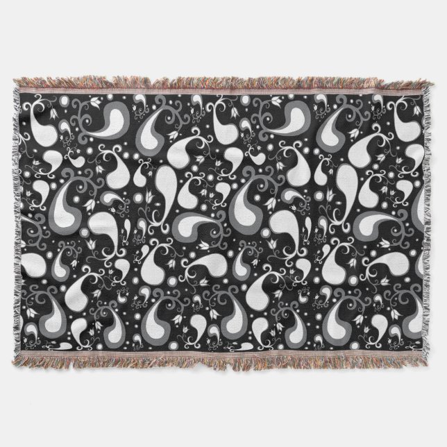 Abstract black and white Tulip Paisley Floral Throw Blanket (Front)