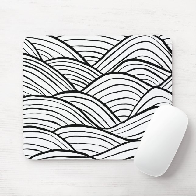 Abstract Black and White Wavy Stripes Mouse Pad (With Mouse)