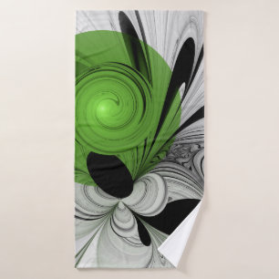 Abstract Black and White with Green Fractal Art Bath Towel