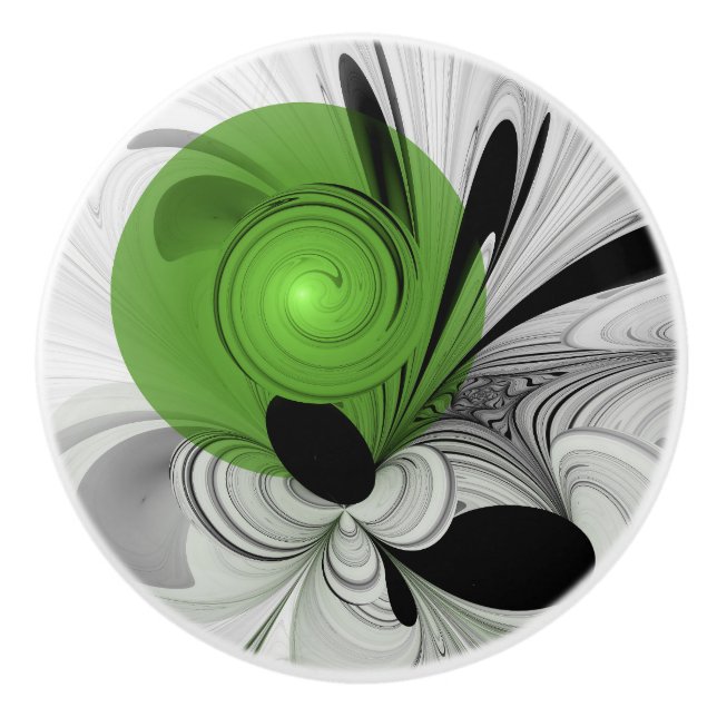 Abstract Black and White with Green Fractal Art Ceramic Knob (Front)