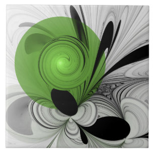 Abstract Black and White with Green Fractal Art Ceramic Tile